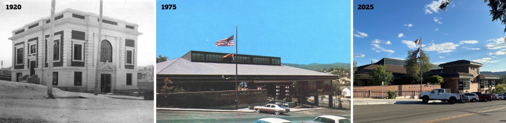 Images of Prescott Public Library from 1920, 1975, and 2025